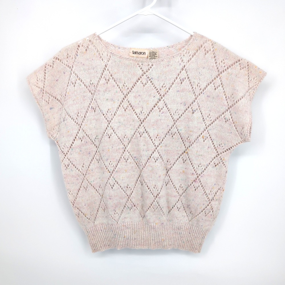 Tamaron Sweater Vest Pink Pointelle Knit Angora Blend Vintage Womens Large